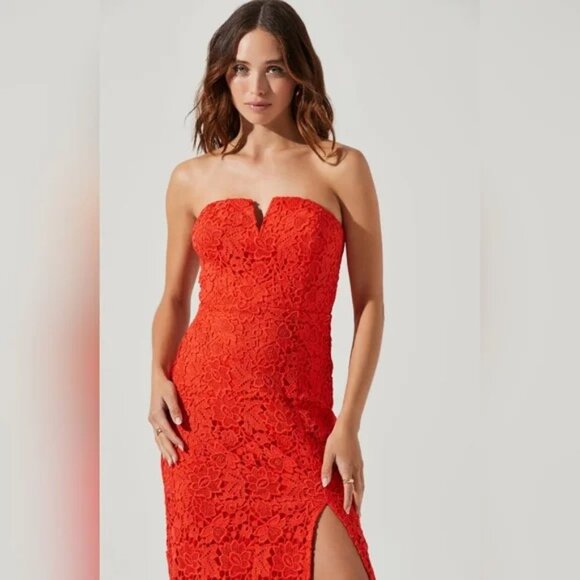 ASTR Orange Lace Cocktail Strapless Midi Dress Sz L Sweetheart Bustier Formal - Picture 3 of 11
